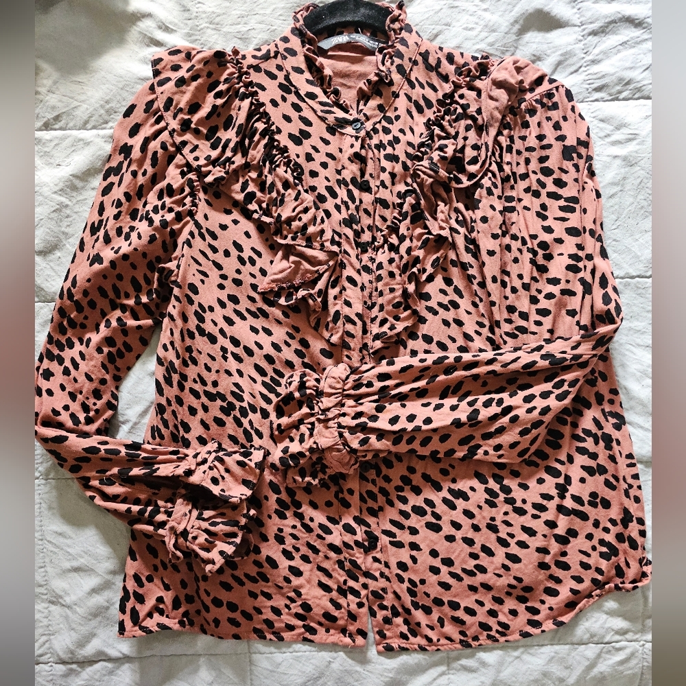 Zara button down blouse, blush color with animal print, size small